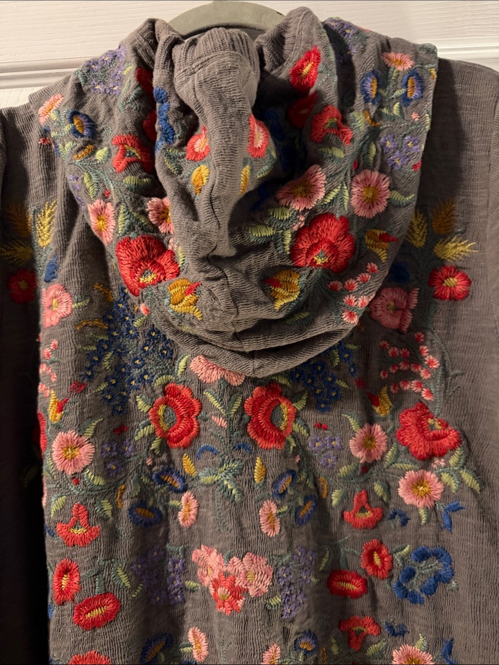 Johnny Was Gray Embroidered Hooded Cardigan with Multicolor Floral Detail - Picture 3 of 4